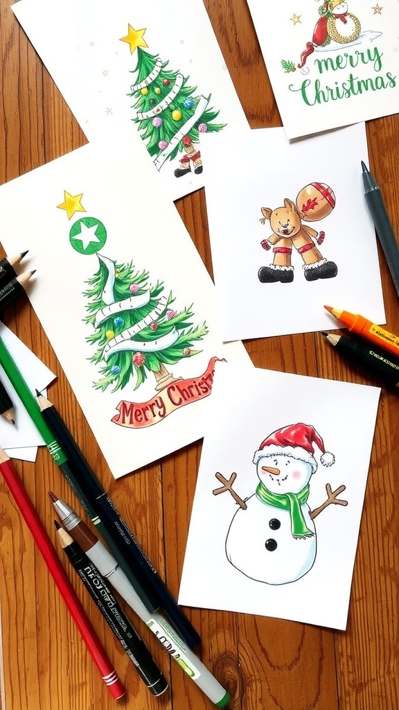 A variety of hand-drawn Christmas card designs including a tree, snowman, and Santa on a table with art supplies.